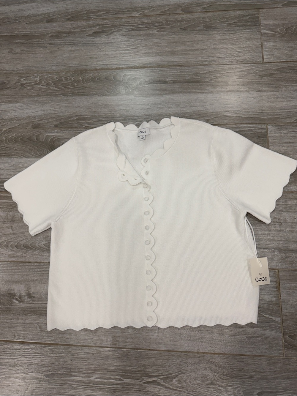 CeCe White Scallop-Edge Short Sleeve Button Cardigan XL